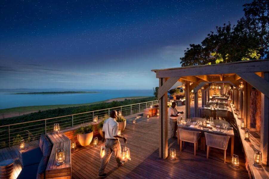 Outdoor dining deck at night